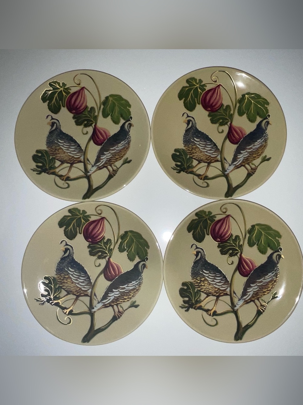 Pottery Barn Beige Quail Dinner Plates with Green Leaves and Burgundy Flowers